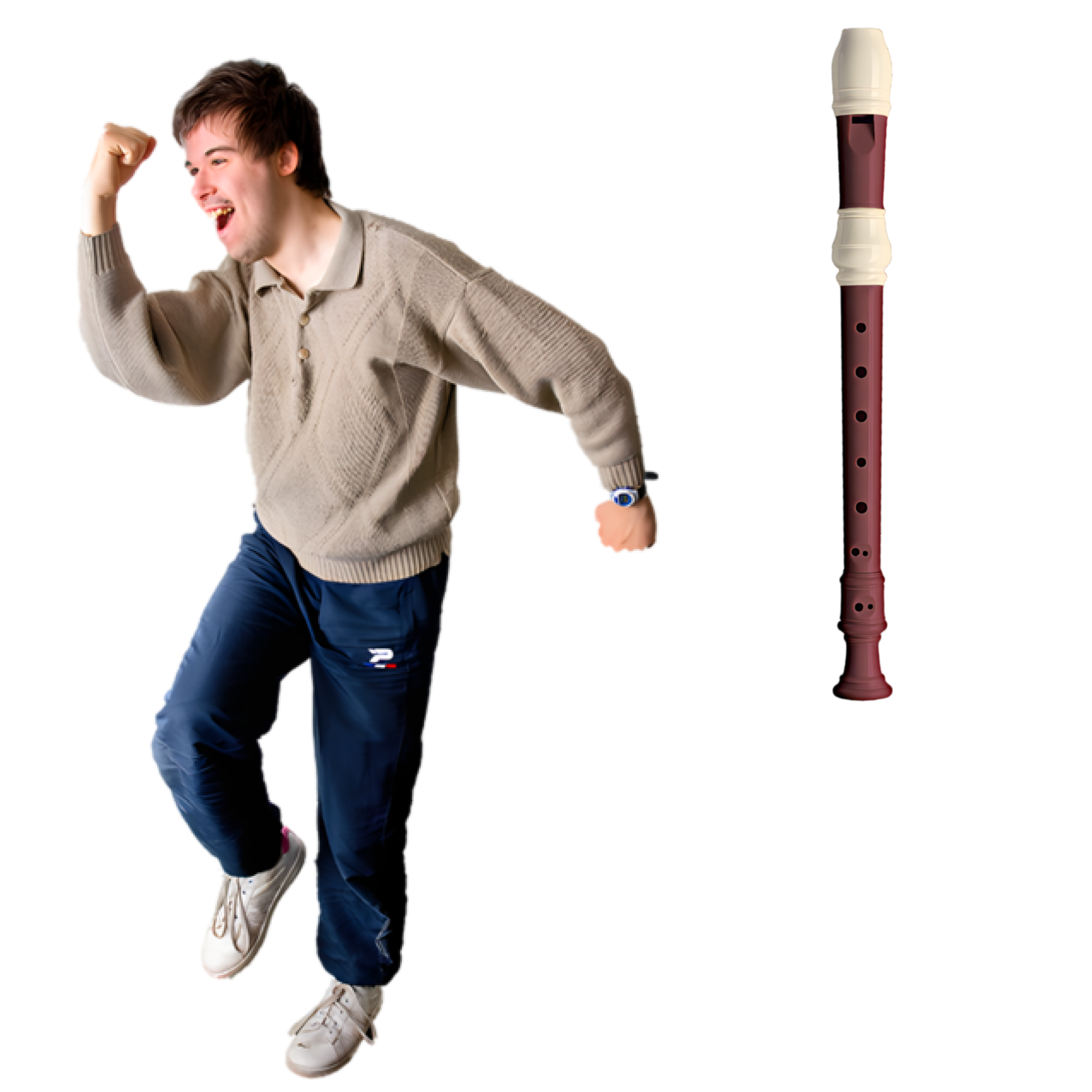 A young man in a beige sweater and navy blue track pants celebrating with a raised fist and a reddish-brown recorder with white rings and finger holes.