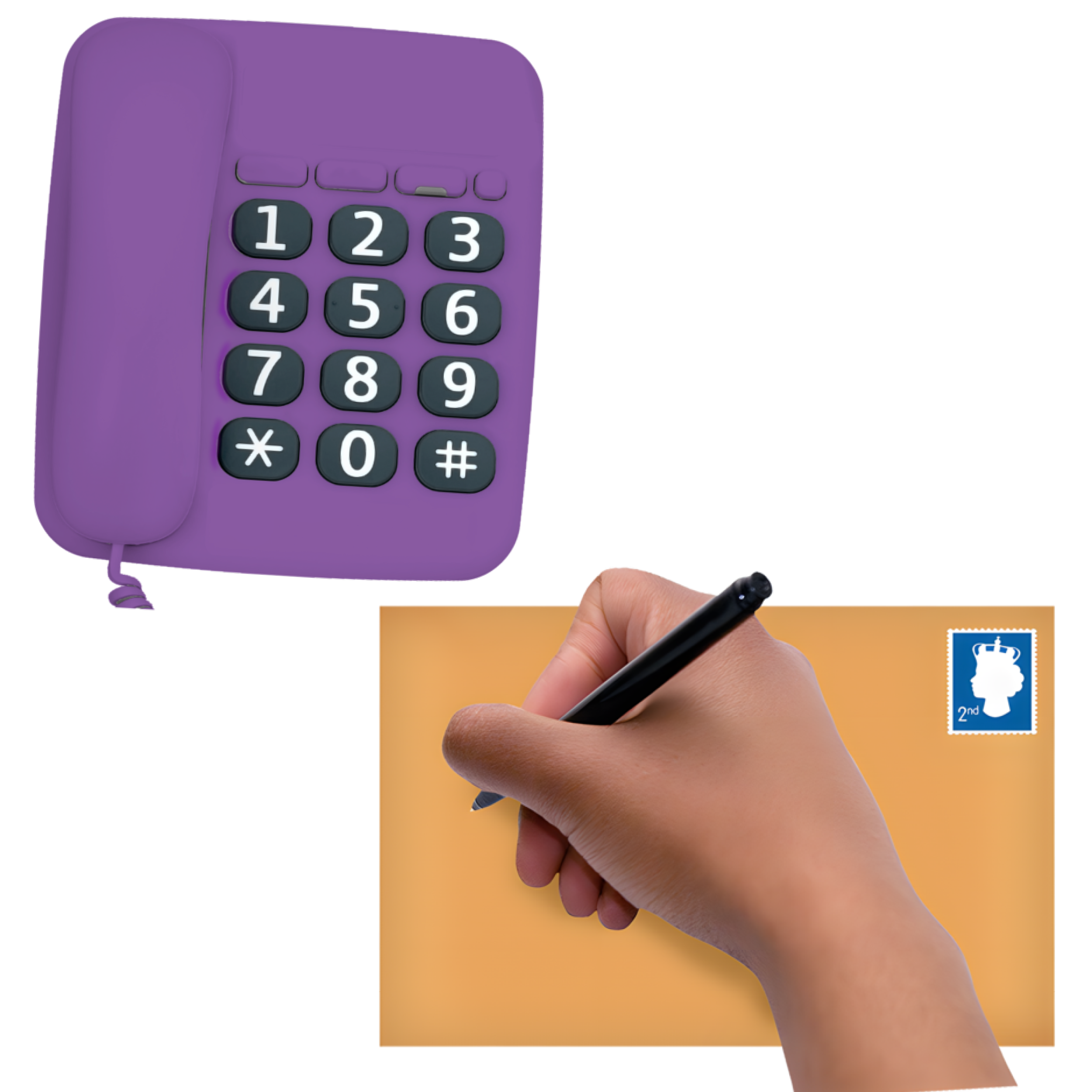 A purple telephone and a hand addressing an envelope
