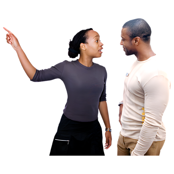 Woman gesturing and speaking to a man who is listening.