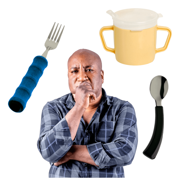 A man in a blue plaid shirt with hand on chin, surrounded by a yellow cup, a blue-handled fork, and a black-handled spoon.