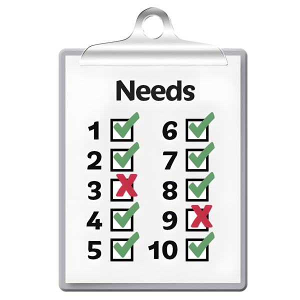 A checklist of needs with ticks and crosses