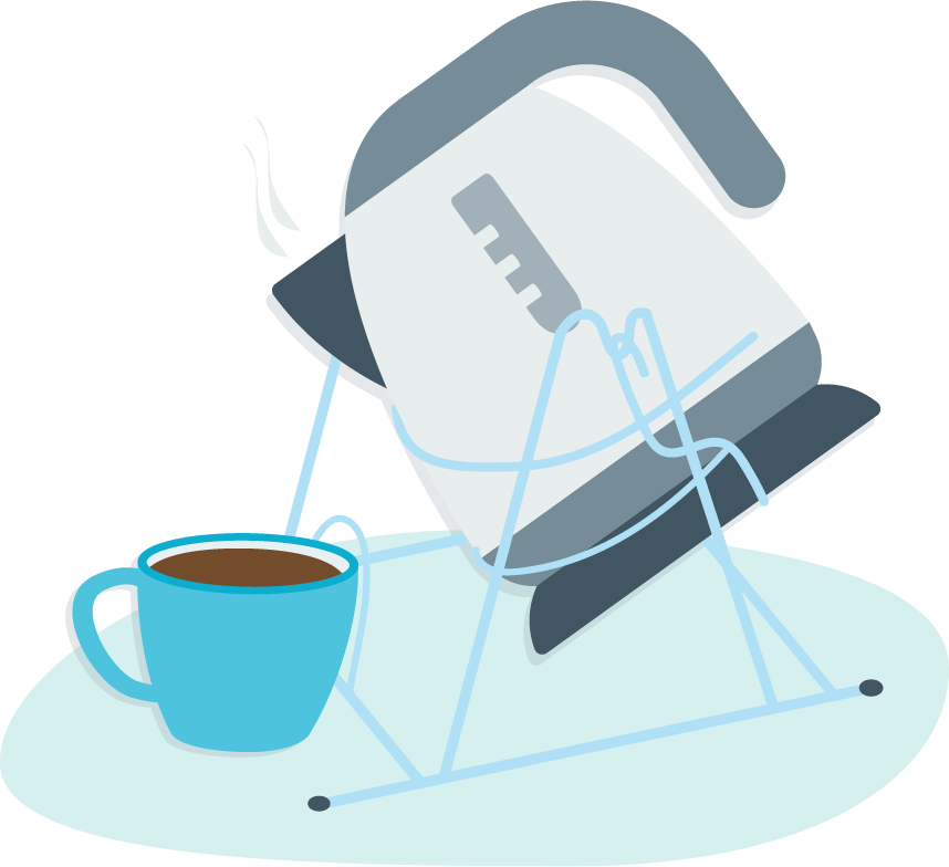 Kettle in a wire device pouring water into a cup