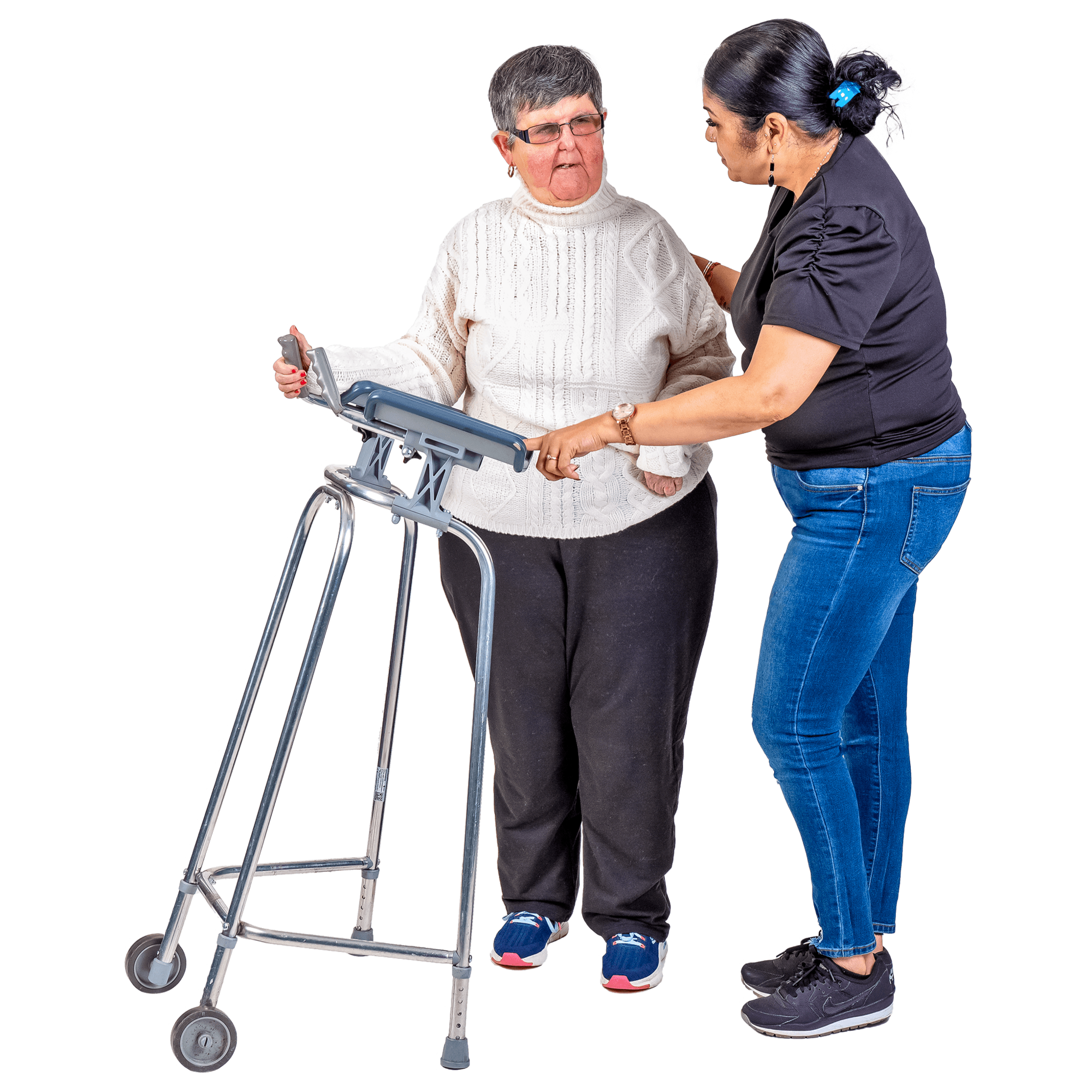 A woman with a walking frame talking to a carer