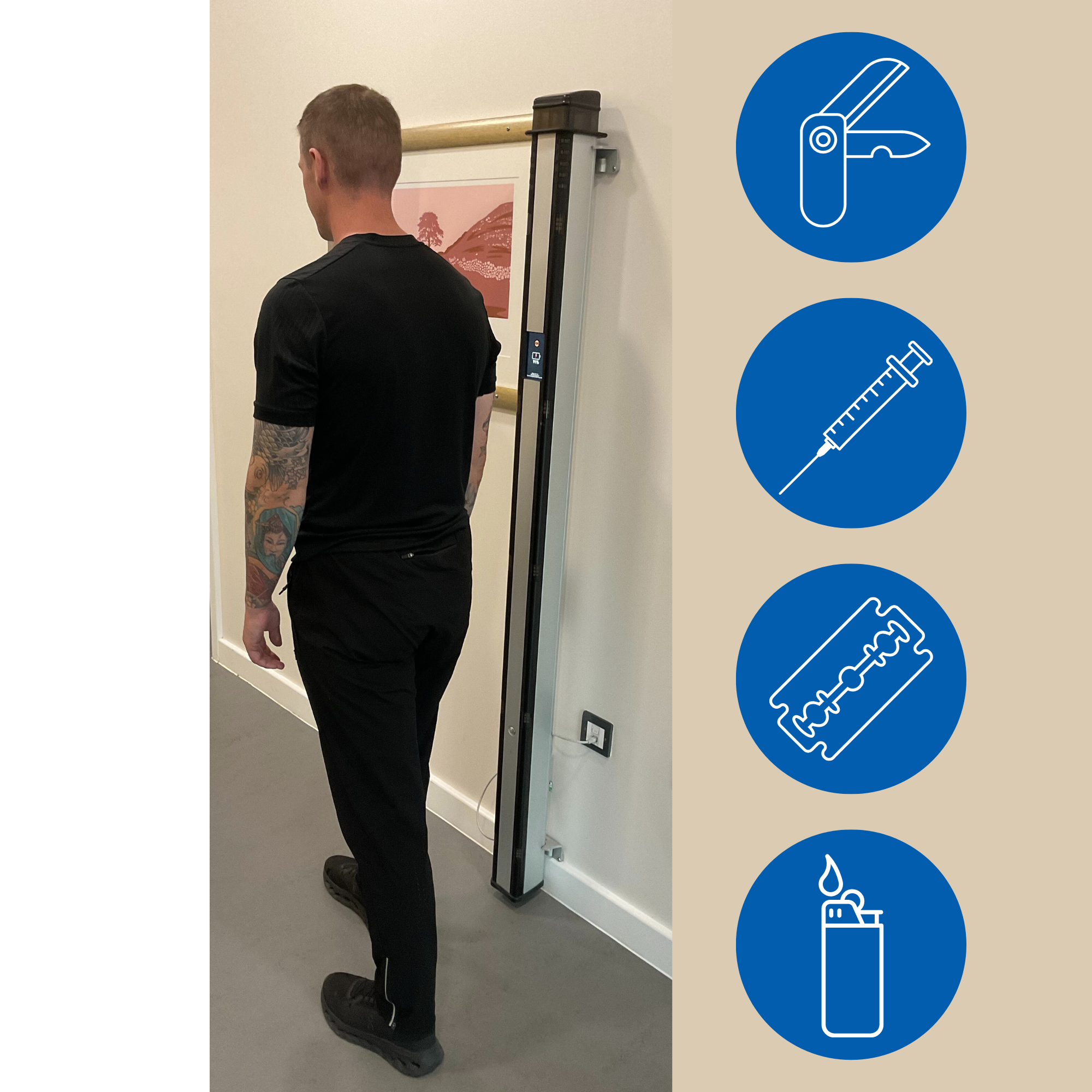 A man walking in front of a wall mounted metal detector. Icons next to that show a pen-knife, needle, razor blade and lighter.