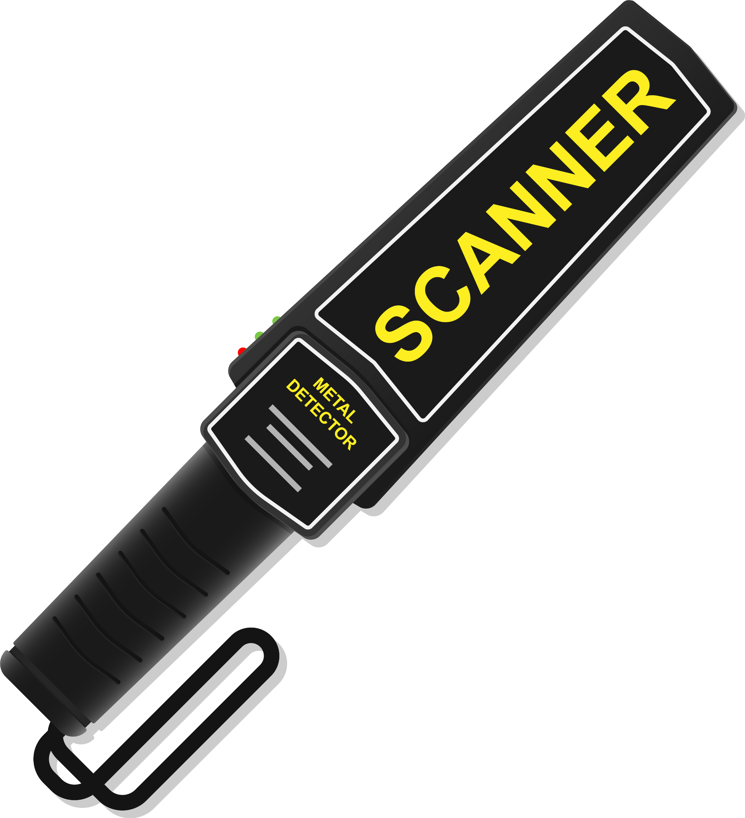 A black hand-held scanner, with scanner written in yellow across the front