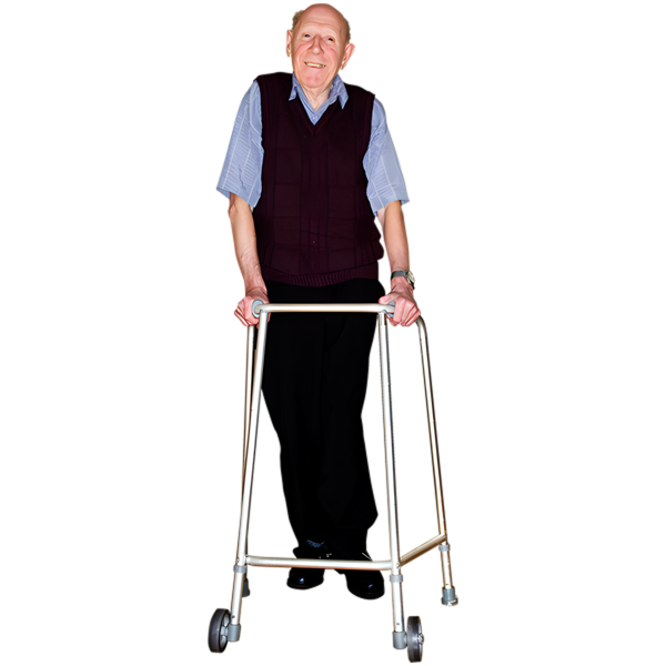 A man standing and leaning against a walking frame for support