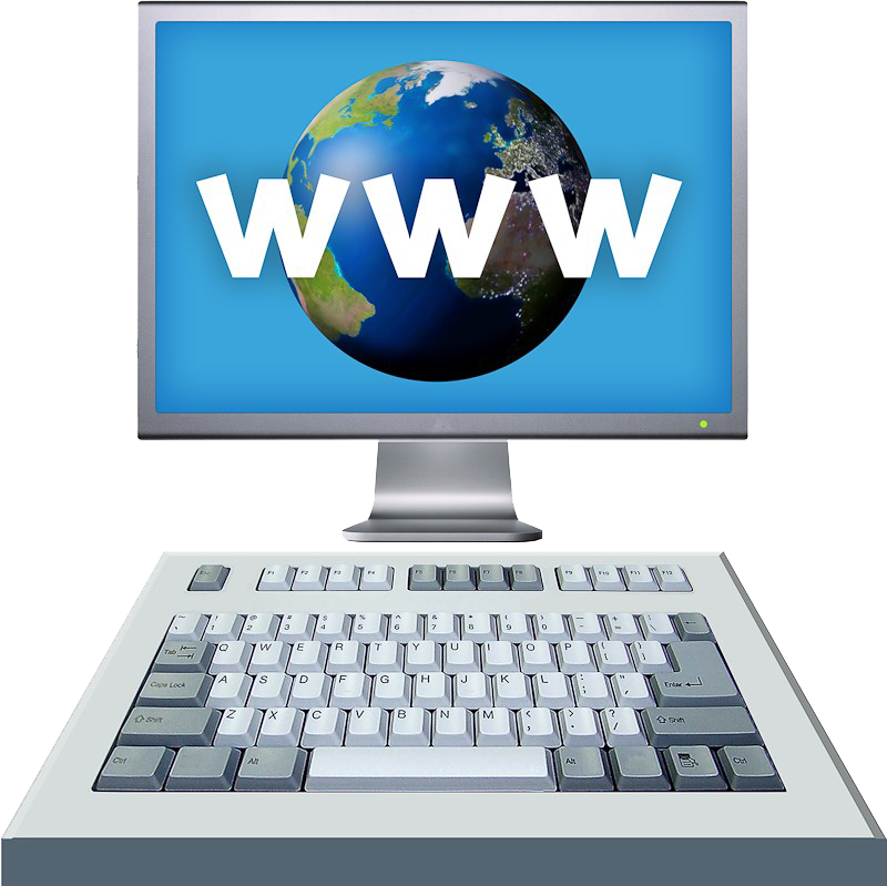 A computer keyboard and monitor with a globe and www on the screen