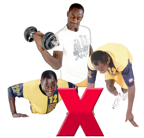 A person doing lots of different exercises. In front of the image is a big red cross.