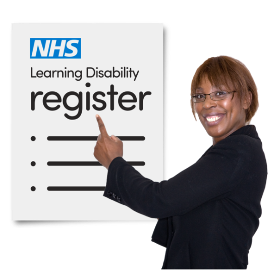 A person pointing to a large sign saying NHS Learning Disability register