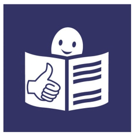 An illustration showing a smiley face in a blue box and reading an easy read booklet.