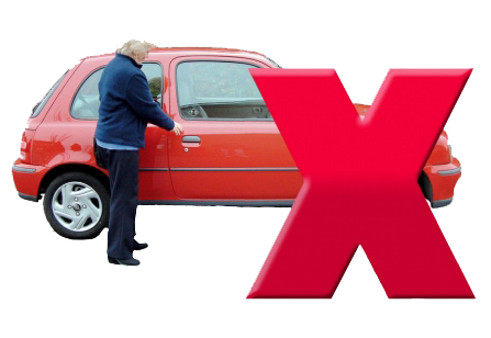 A person getting into a car. Across the image is a big red cross.