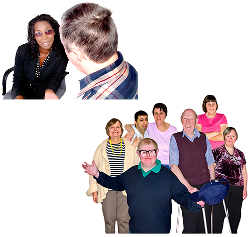 Two images, one showing a group of people and one with just two people