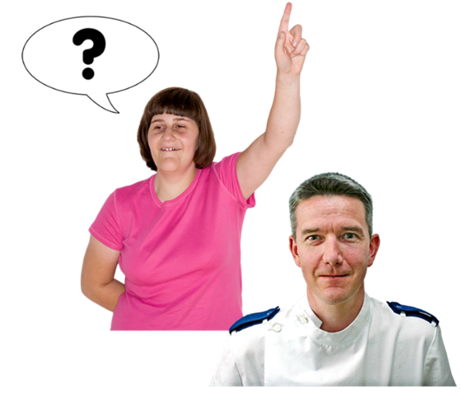 A person holding her hand up with a speech bubble and question mark pointing to her. There is a nurse in front of her.