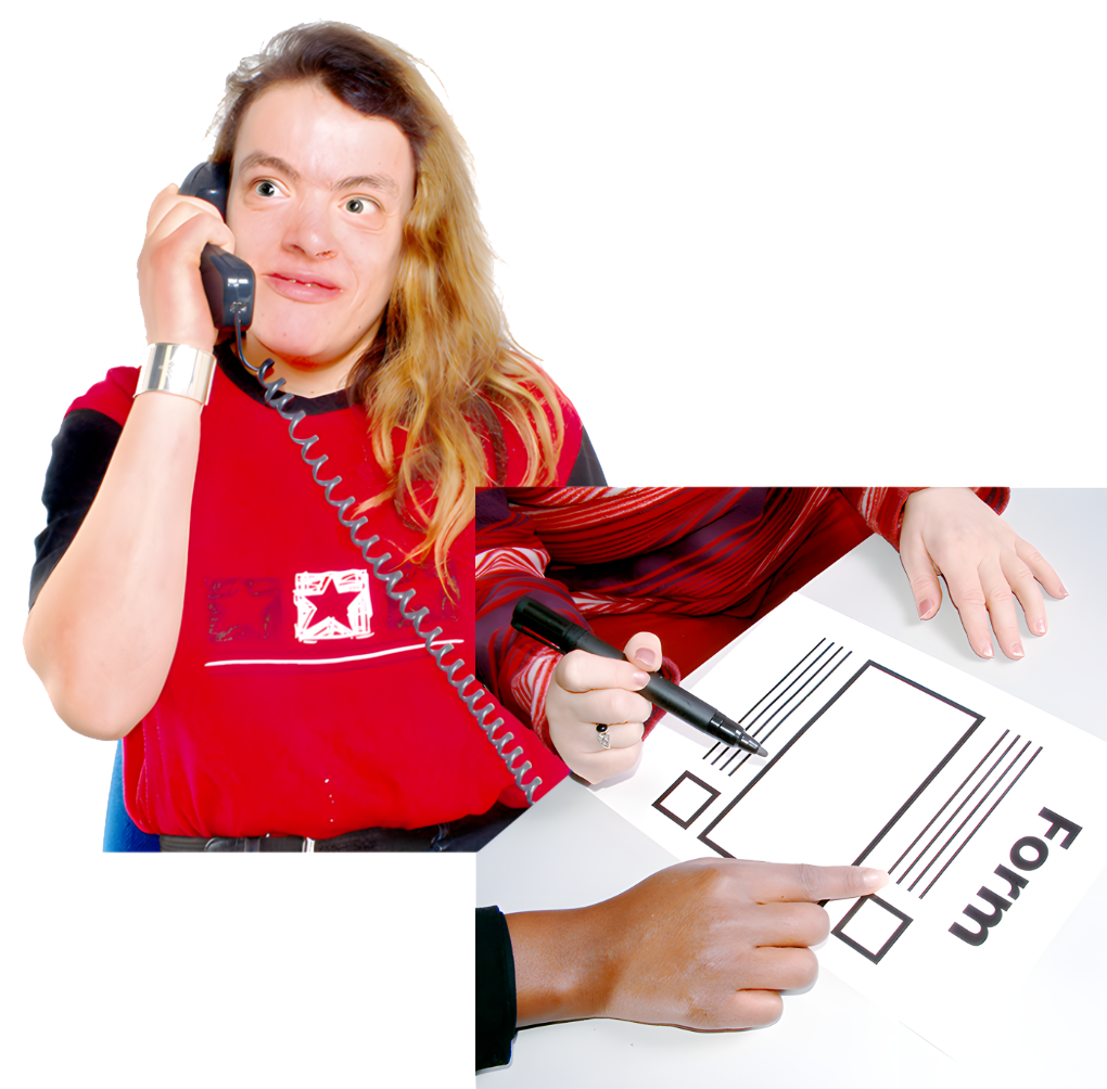 A person using a telephone and a person filling in a form