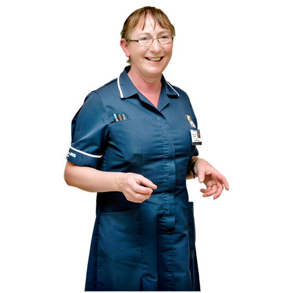 A woman in a dark blue nurses uniform