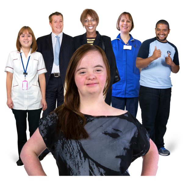A patient with a group of support staff behind her