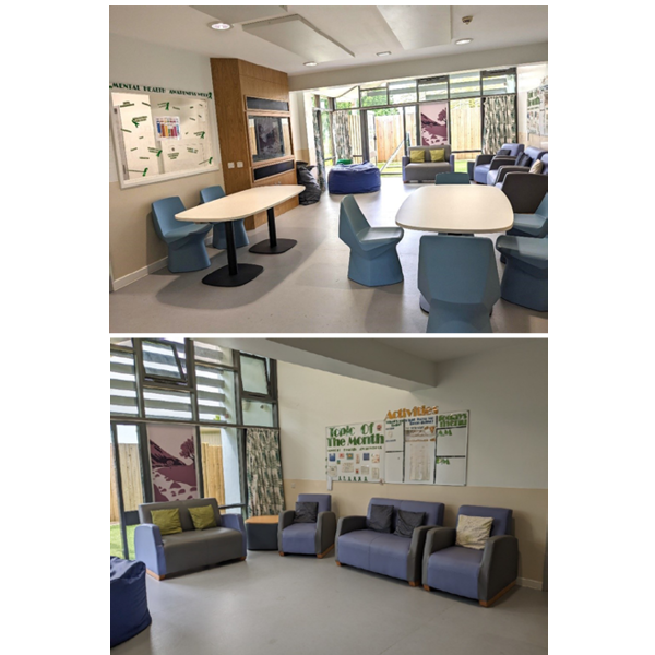 lounge and dining room with 2 dining tables and chais, armchairs, a sofa and TV