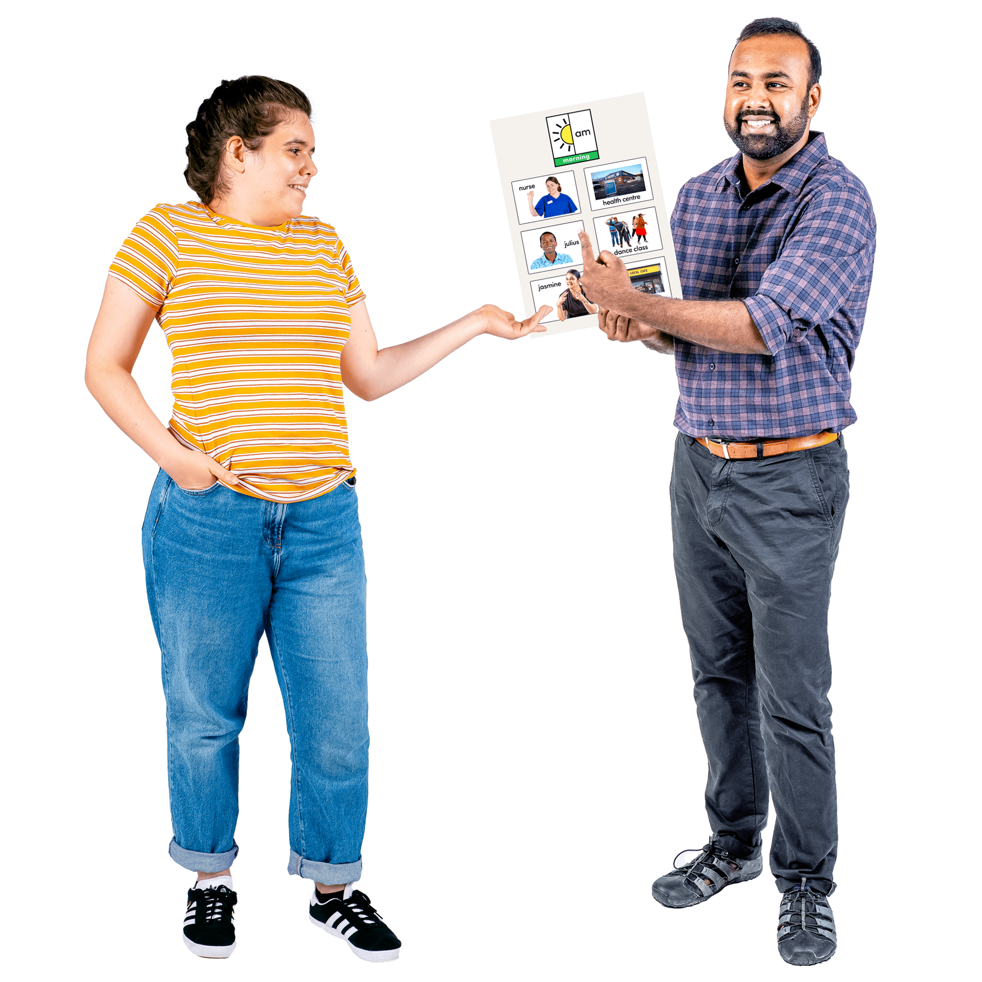 Two people interacting with one holding a large sheet of photographs.