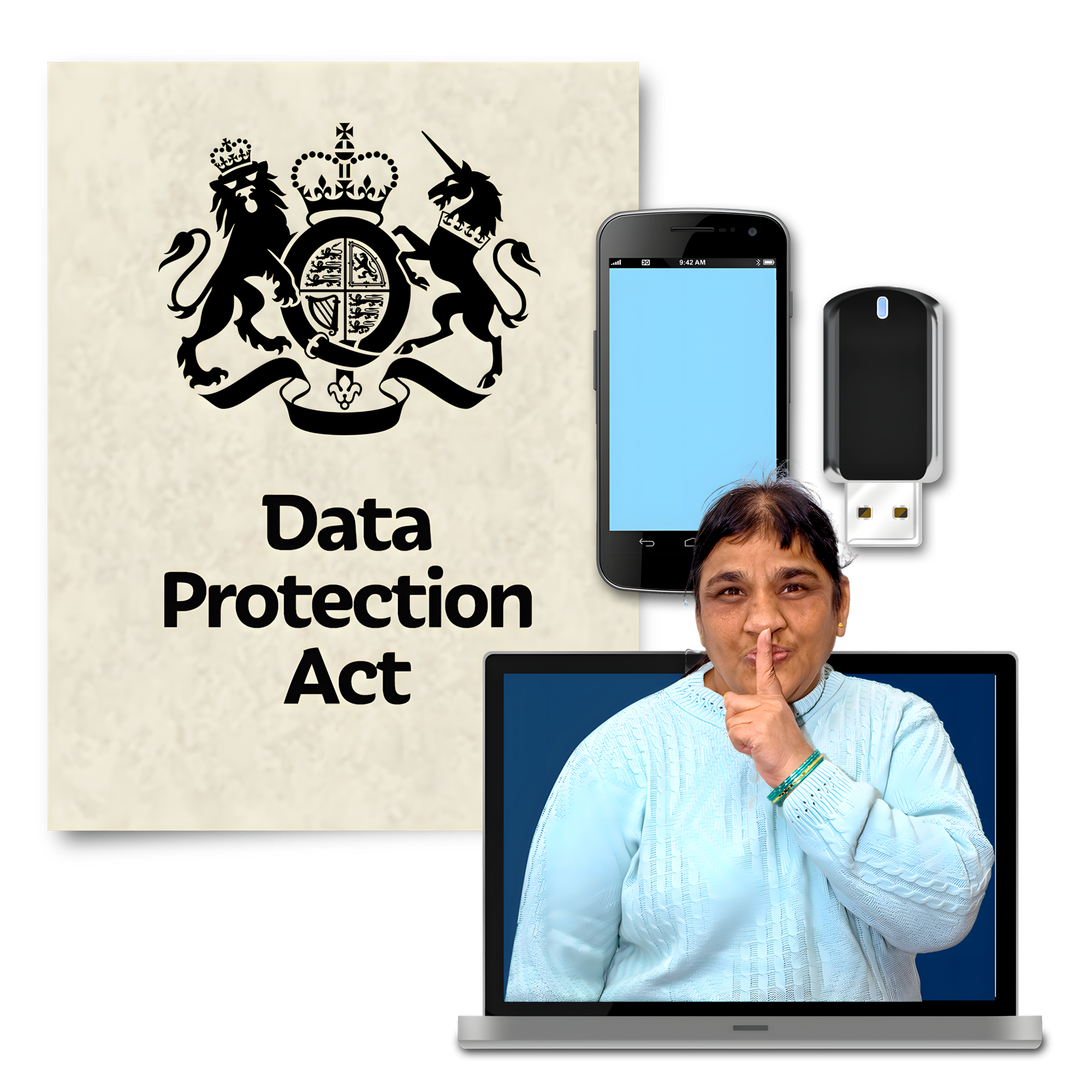 A person is standing with a finger on their lips. Behind them is a copy of the Data Protection Act, a mobile phone, a USB stick and a laptop.