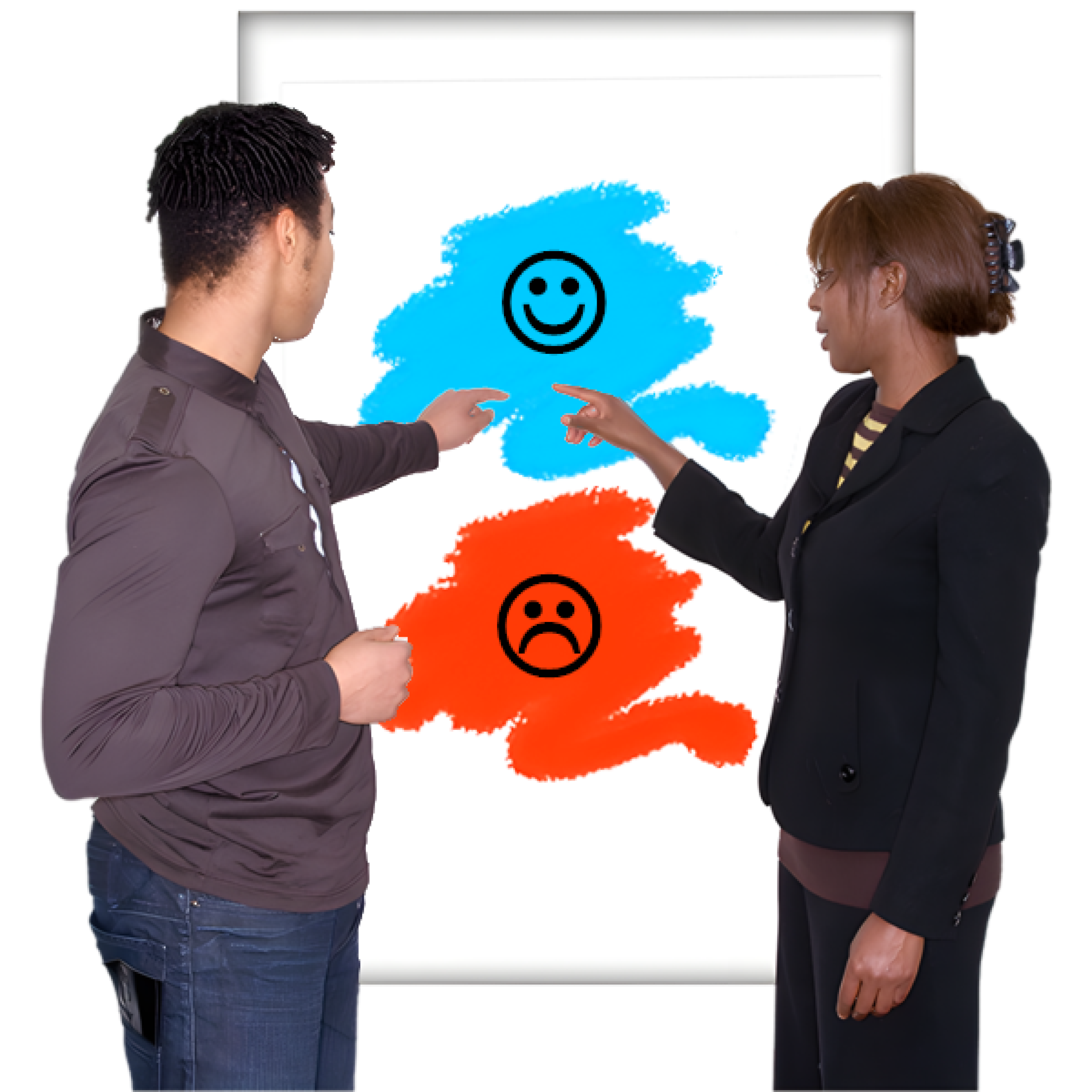 Two people pointing at a vertical display with a smiley face and a sad face on coloured backgrounds