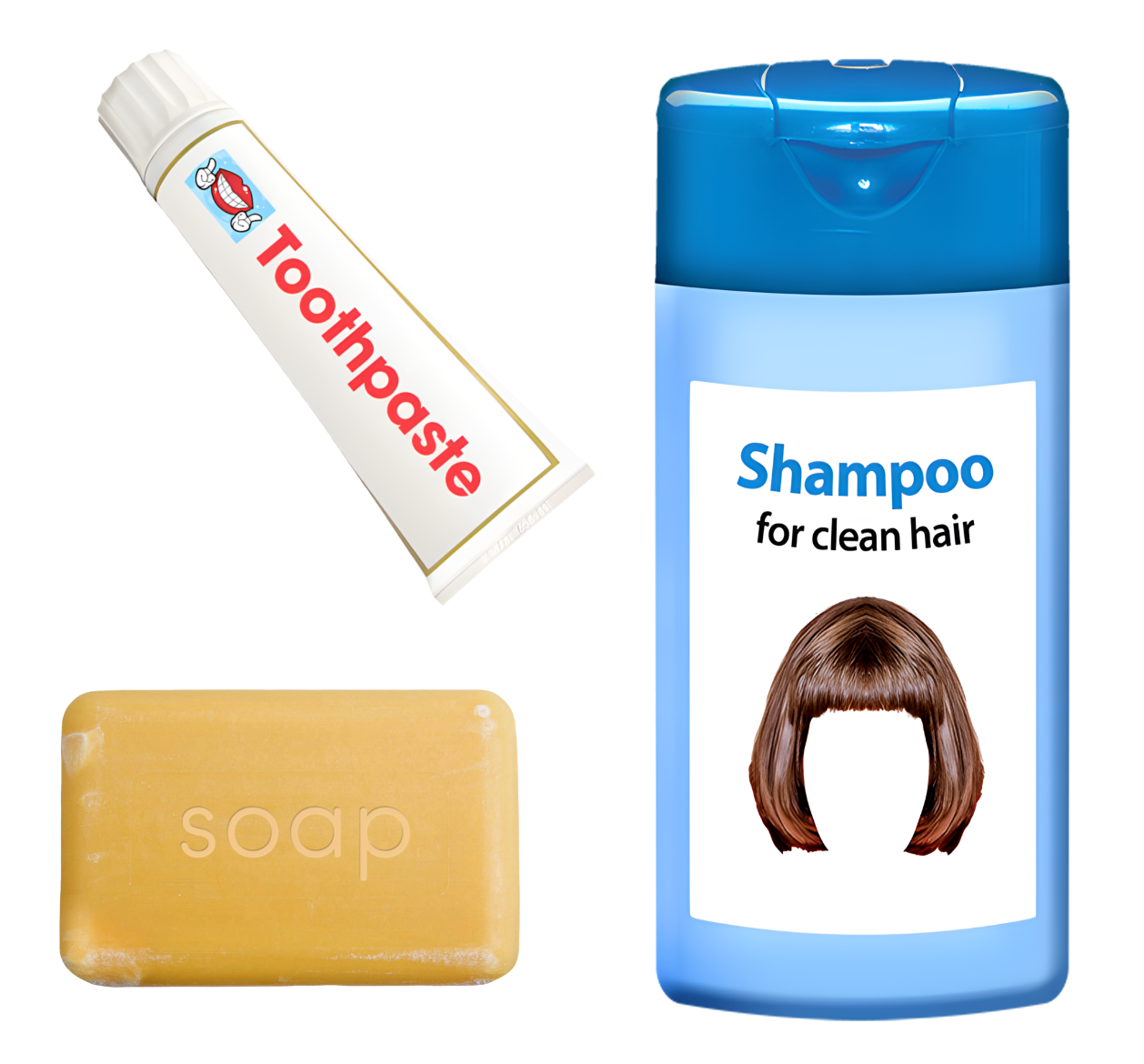 Toothpaste, shampoo bottle and a bar of soap