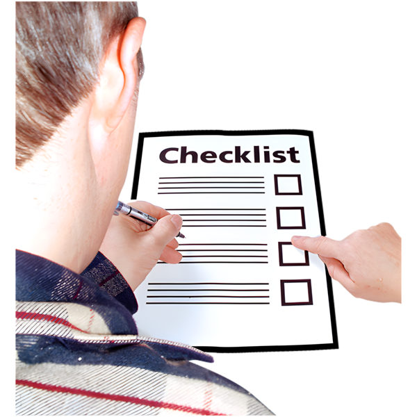 A person filling in a form with checklist written on the top of it