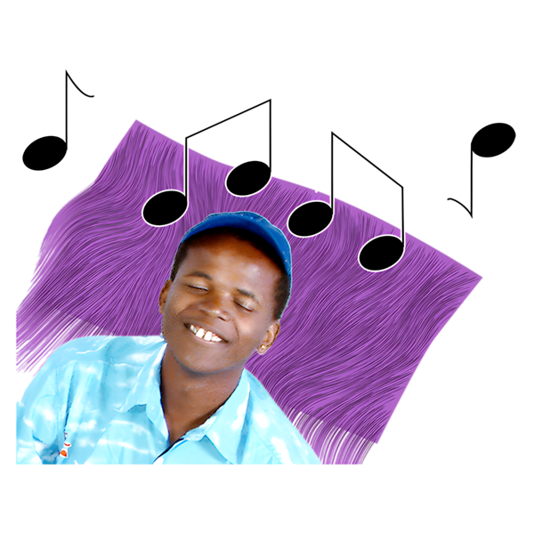 A person smiling while listening to music