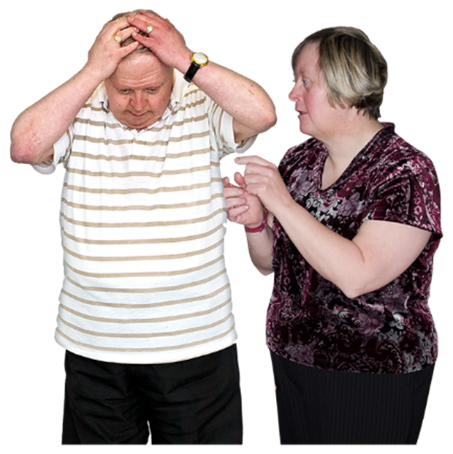 A man looking frustrated with his hands on his head. A woman is next to him making actions with her fingers.