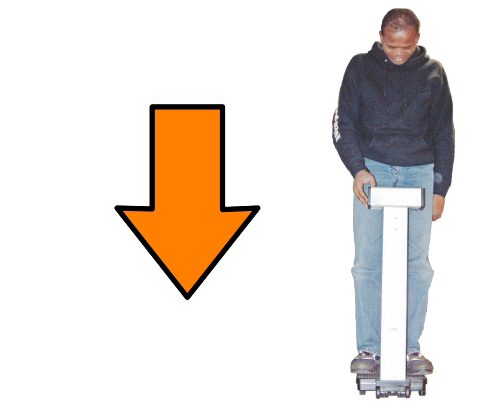 A person standing on scales weighing themselves. Beside them is a big orange arrow pointing downwards.
