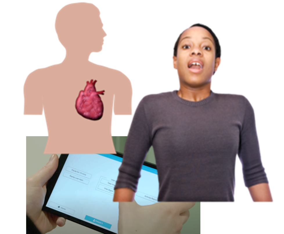 A person struggling to breathe and a close up of a device showing an alert for the patient