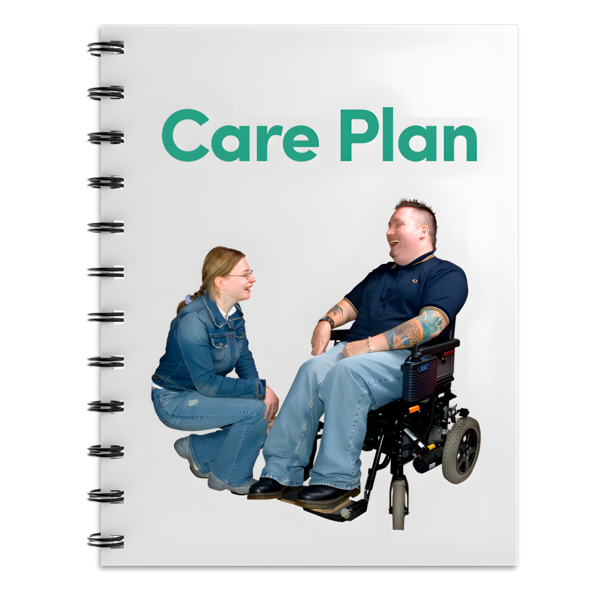 Cover of a notebook titled 'Care Plan' featuring a man in a wheelchair talking to a kneeling woman.