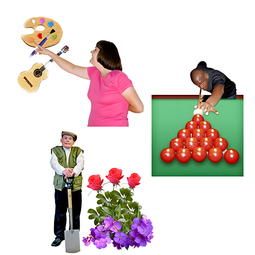 A group of images showing a person playing snooker, a person gardening and a person with art and music materials