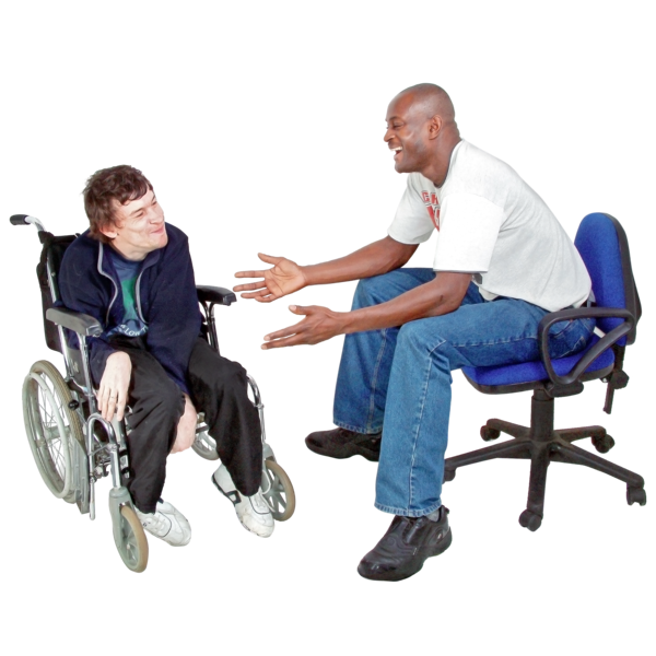 a person in a wheelchair and a person sitting on a blue office chair having a chat