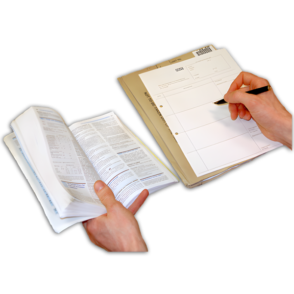 Hands holding a book and writing on a document.