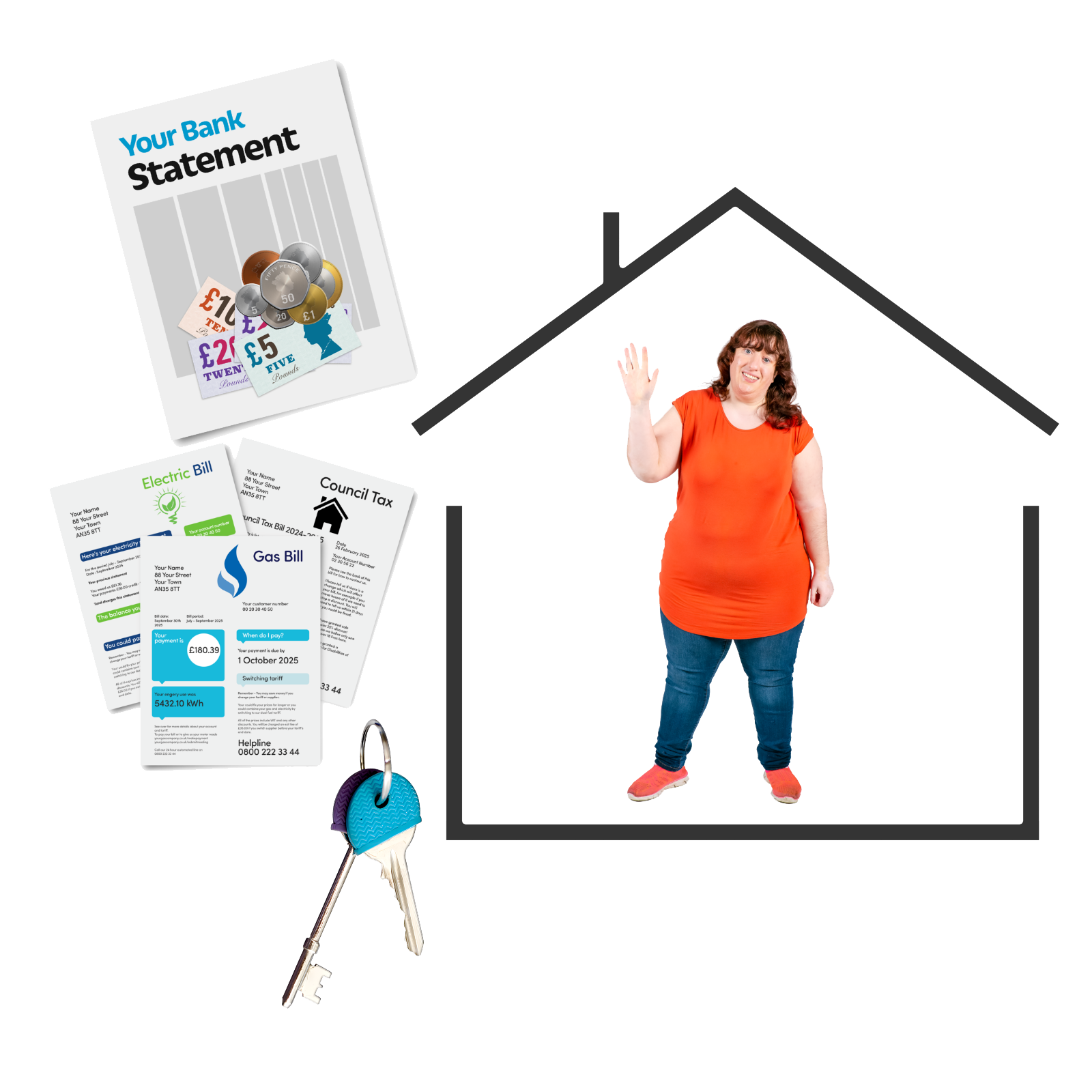 A person standing inside the outline of a house, with pictures of utility bills, bank statement, money and keys