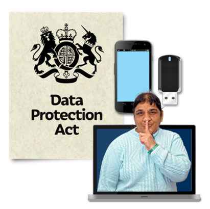 A person with a finger on her lips is standing in front of pictures of the Data Protection Act, a mobile device and a USB memory stick