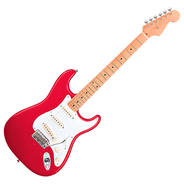 A red electric guitar with a white pickguard and maple neck.