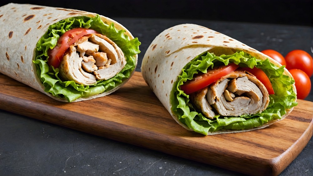 Chicken lettuce and tomato wrap on wooden board next to cherry tomatoes