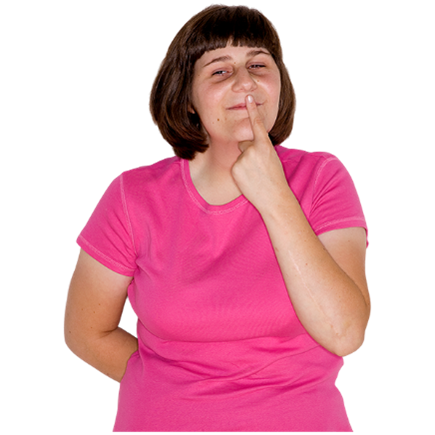 A woman holding a finger to her lips