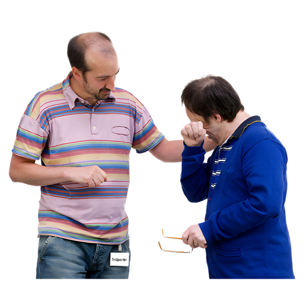 Two men interacting, one providing comfort to the other who is holding glasses and wiping his eyes.