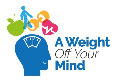a weight off you mind logo showing a blue head with a scale inside, a green apple, blue person outline, orange dumbbell and red heart are above the head